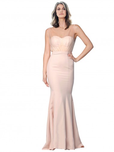 Cheap Full Length Sweetheart Crepe Prom Dress with Tulle Overlay