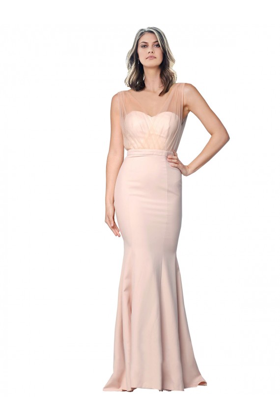 Cheap Full Length Sweetheart Crepe Prom Dress with Tulle Overlay