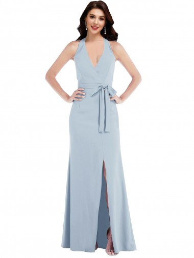Cheap Open Back Halter Maxi Crepe Prom Dress with Draped Bow