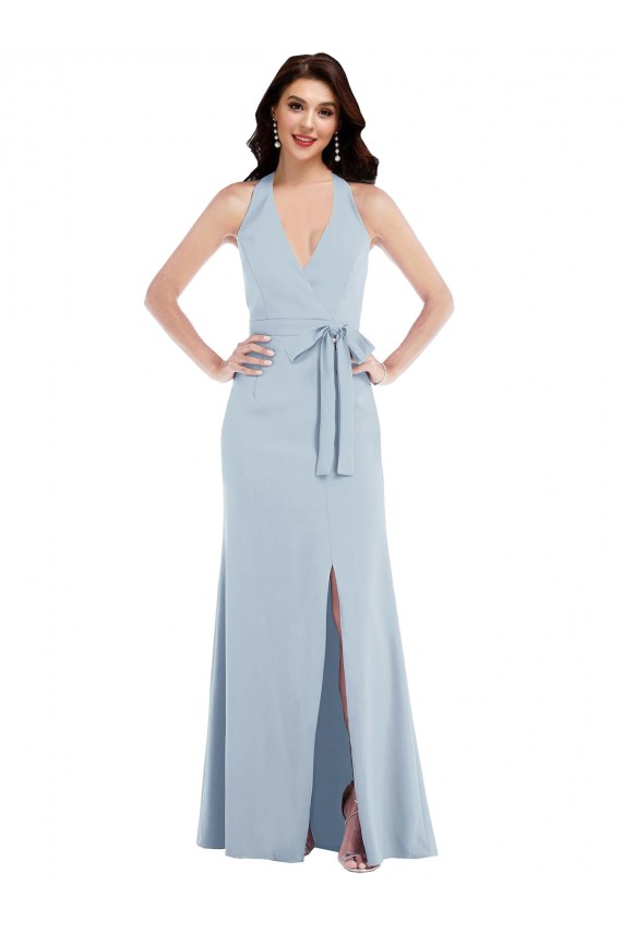 Cheap Open Back Halter Maxi Crepe Prom Dress with Draped Bow