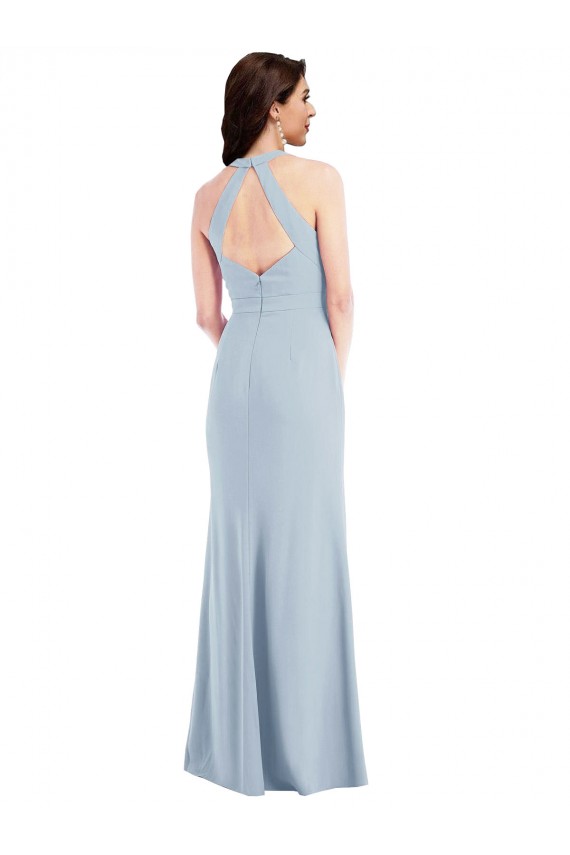 Cheap Open Back Halter Maxi Crepe Prom Dress with Draped Bow