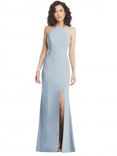 Cheap High Neck Halter Crepe Prom Dress with Twist Criss Cross Back