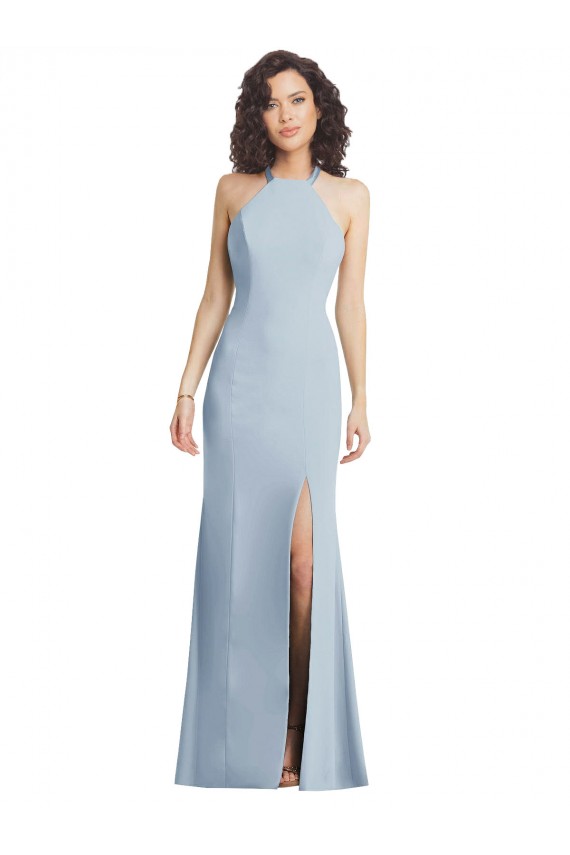 Cheap High Neck Halter Crepe Prom Dress with Twist Criss Cross Back