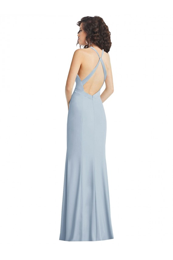 Cheap High Neck Halter Crepe Prom Dress with Twist Criss Cross Back