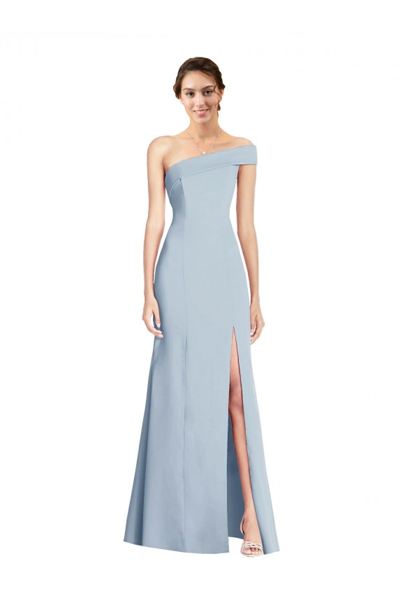 Cheap Asymmetrical Off the Shoulder Cuff Trumpet Crepe Prom Dress With Front Slit