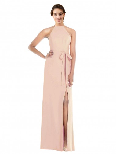 Cheap Halter Criss Cross Cutout Back Maxi Crepe Prom Dress