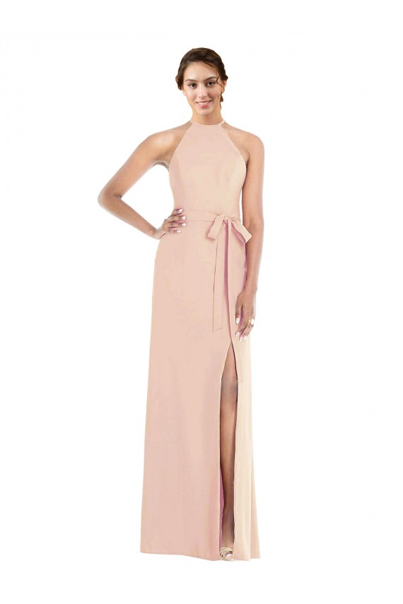 Cheap Halter Criss Cross Cutout Back Maxi Crepe Prom Dress