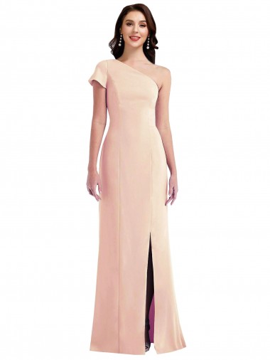 Cheap One Shoulder Cap Sleeves Trumpet Crepe Prom Dress with Front Slit