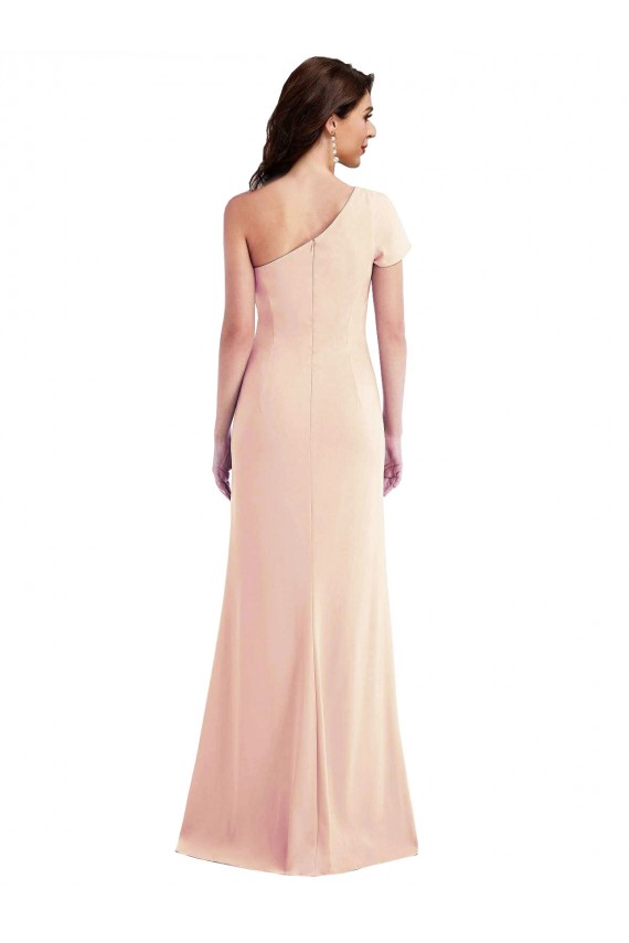 Cheap One Shoulder Cap Sleeves Trumpet Crepe Prom Dress with Front Slit