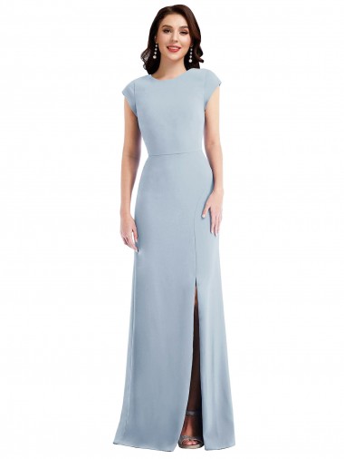 Cheap Cap Sleeve Open Back Trumpet Crepe Prom Dress with Front Slit