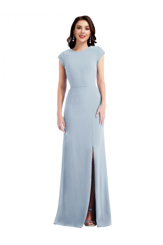 Cheap Cap Sleeve Open Back Trumpet Crepe Prom Dress with Front Slit
