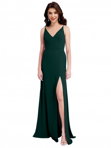 Cheap Slim A-Line V-Neck Full Length Crepe Prom Dress with Side Slit