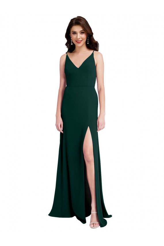 Cheap Slim A-Line V-Neck Full Length Crepe Prom Dress with Side Slit