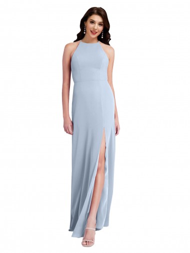 Cheap Fit and Flare High Neck Crepe Prom Dress with Side Slit