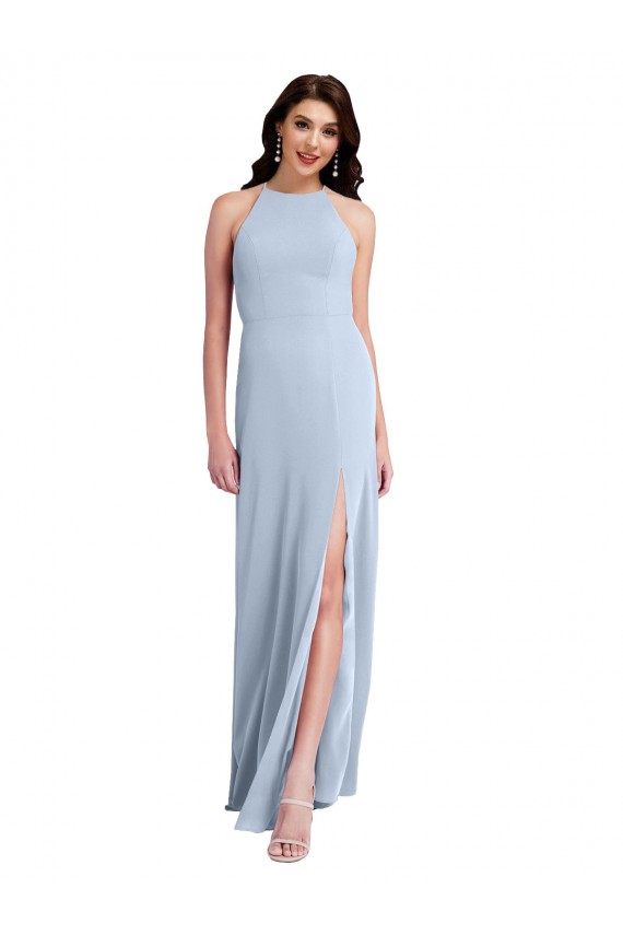 Cheap Fit and Flare High Neck Crepe Prom Dress with Side Slit