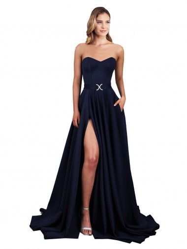 Cheap Sweetheart Neckline Low Back Long Crepe Prom Dress with High Leg Spit & Pockets
