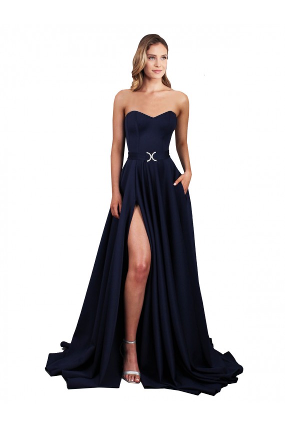 Cheap Sweetheart Neckline Low Back Long Crepe Prom Dress with High Leg Spit & Pockets