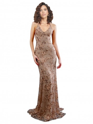 Cheap Floral Patterned Backless V-Neckline Sequin Prom Dress