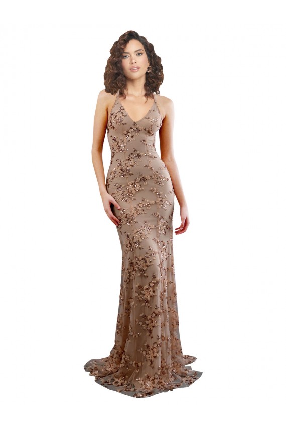 Cheap Floral Patterned Backless V-Neckline Sequin Prom Dress