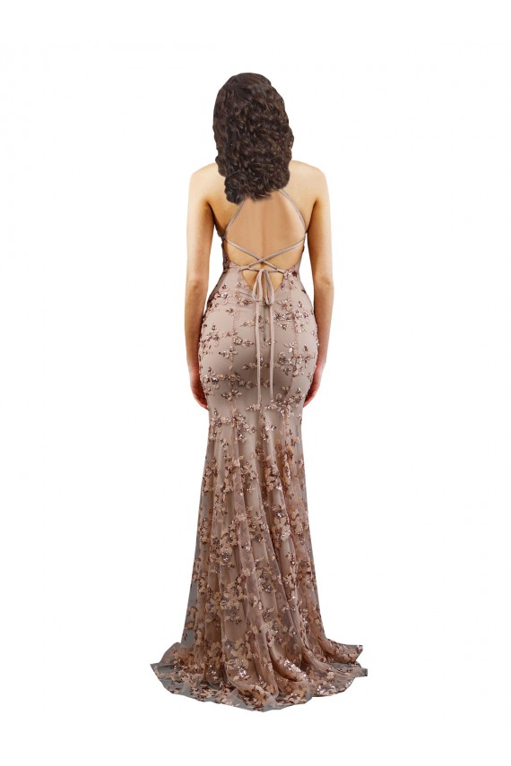 Cheap Floral Patterned Backless V-Neckline Sequin Prom Dress