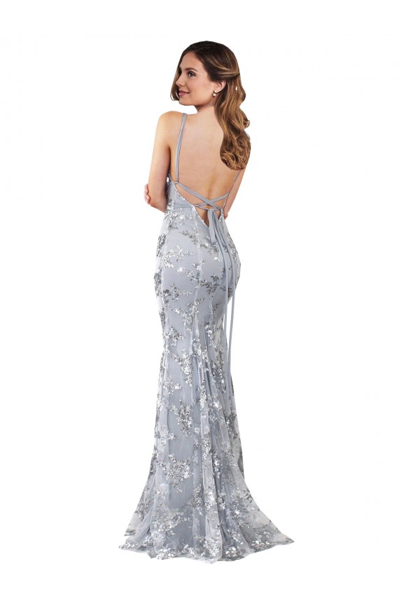 Cheap Silver V-Neckline Backless Floral Patterned Sequin Prom Dress