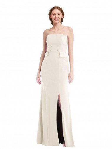 Cheap Long Strapless Tuxedo Maxi Prom Dress with Front Slit & Pockets
