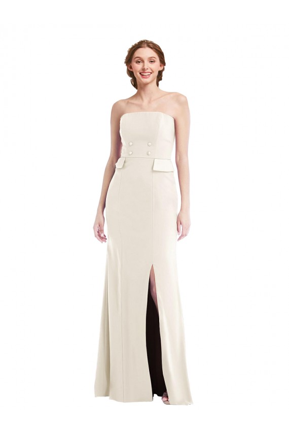 Cheap Long Strapless Tuxedo Maxi Prom Dress with Front Slit & Pockets