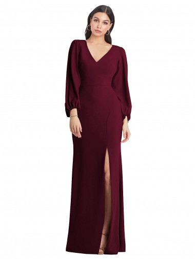 Cheap Long Puff Sleeve V-Neck Trumpet Maxi Prom Dress