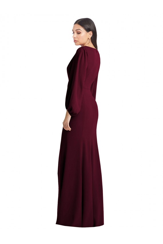 Cheap Long Puff Sleeve V-Neck Trumpet Maxi Prom Dress