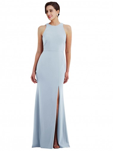 Cheap Cutout Open Back Halter Maxi Crepe Prom Dress with Scarf Tie