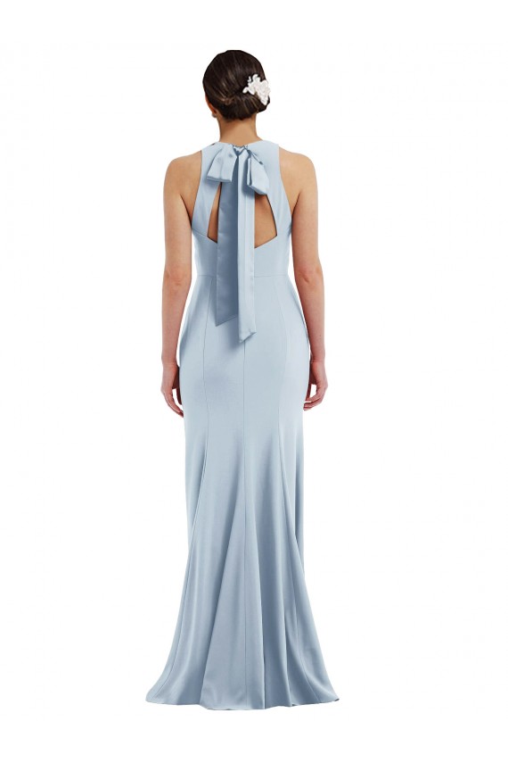 Cheap Cutout Open Back Halter Maxi Crepe Prom Dress with Scarf Tie