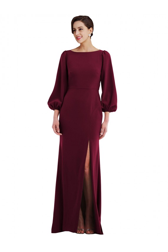 Cheap Bishop Sleeve Open Back Trumpet Crepe Prom Dress with Scarf Tie