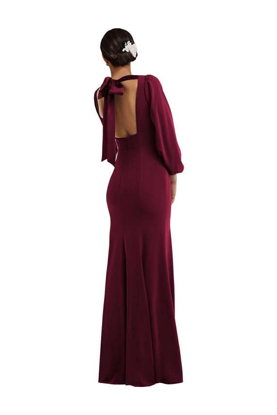 Cheap Bishop Sleeve Open Back Trumpet Crepe Prom Dress with Scarf Tie