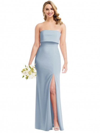 Cheap Strapless Overlay Bodice Crepe Maxi Prom Dress with Front Slit