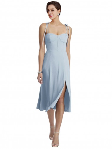 Cheap Midi Cocktail Length Bustier Crepe Prom Dress with Back Bow Straps