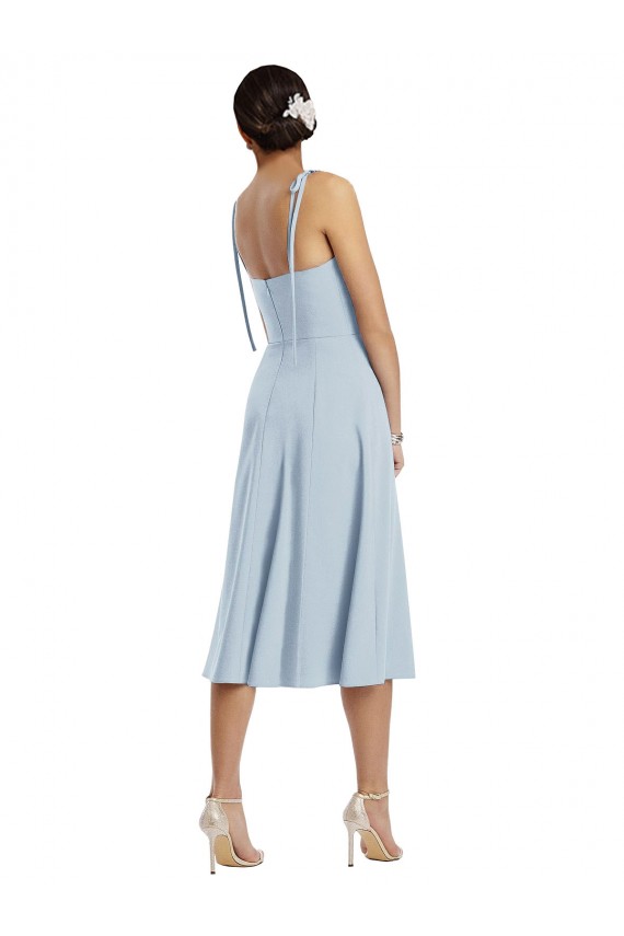 Cheap Midi Cocktail Length Bustier Crepe Prom Dress with Back Bow Straps
