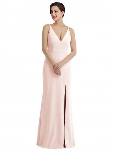 Cheap Skinny Strap Deep V-Neck Trumpet Crepe Prom Dress with Front Slit