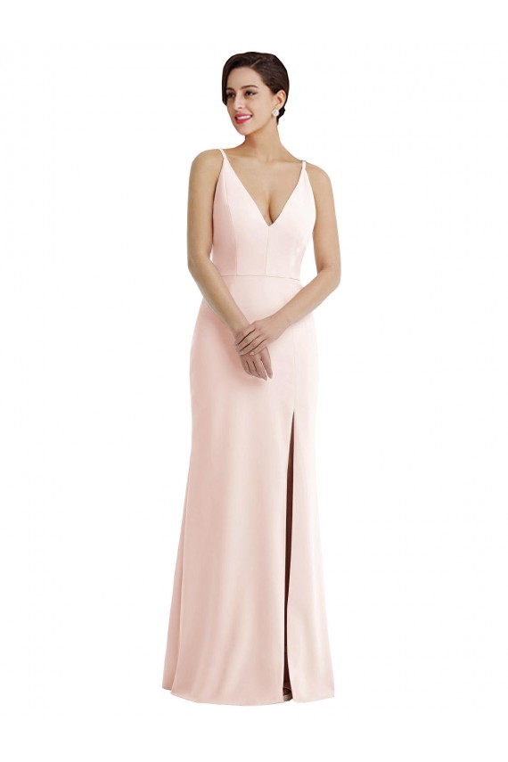 Cheap Skinny Strap Deep V-Neck Trumpet Crepe Prom Dress with Front Slit