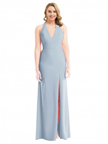 Cheap Plunge Neck Halter Backless Trumpet Prom Dress with Front Slit