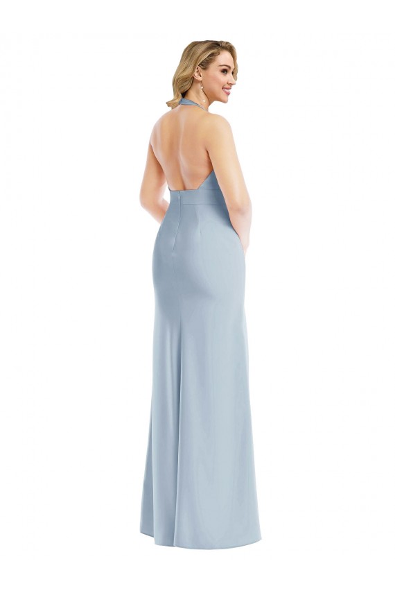 Cheap Plunge Neck Halter Backless Trumpet Prom Dress with Front Slit