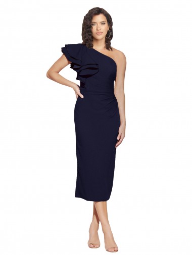 Cheap Ruched Midi Length Short Crepe Cocktail Prom Dress / Homecoming Dress with Shoulder Ruffles
