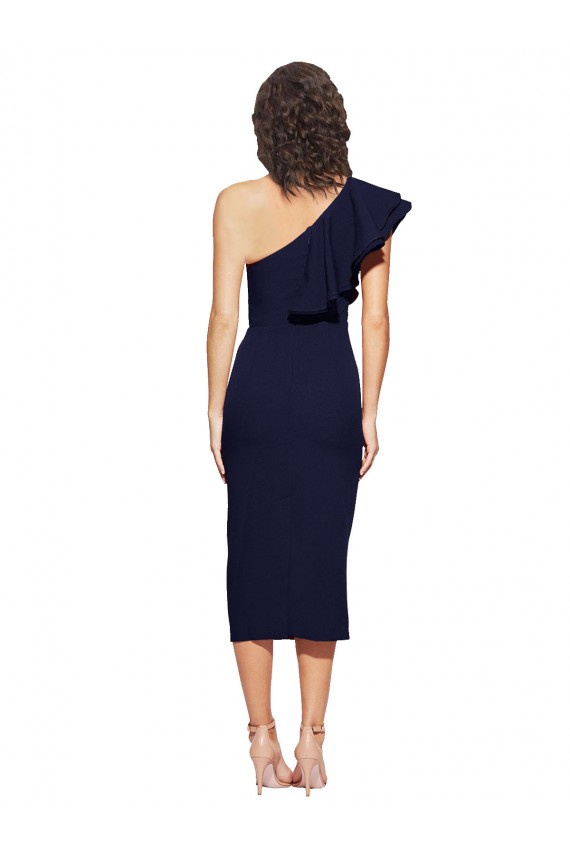 Cheap Ruched Midi Length Short Crepe Cocktail Prom Dress / Homecoming Dress with Shoulder Ruffles
