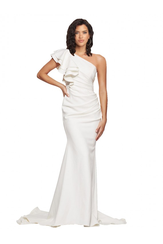 Cheap Ruched Long Sweep Train Crepe Prom Dress with Shoulder Ruffles
