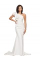 Cheap Ruched Long Sweep Train Crepe Prom Dress with Shoulder Ruffles