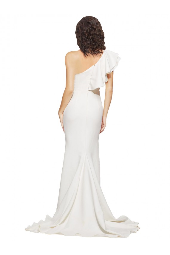 Cheap Ruched Long Sweep Train Crepe Prom Dress with Shoulder Ruffles