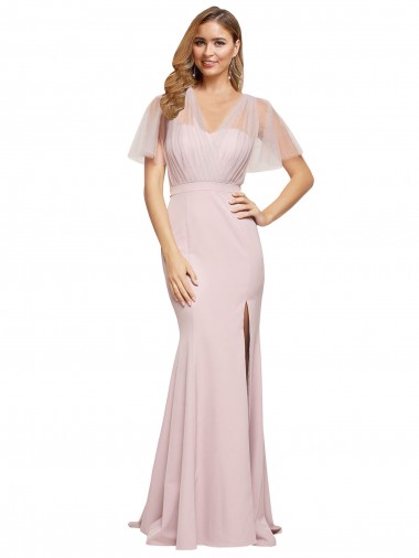 Cheap Crepe Long Sweetheart Neckline Prom Dress with Tulle Overlay Shoulders