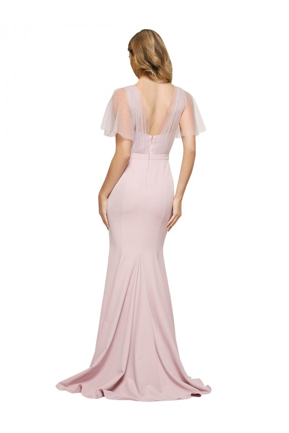 Cheap Crepe Long Sweetheart Neckline Prom Dress with Tulle Overlay Shoulders