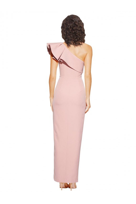 Cheap Full Length One Shoulder Crepe Prom Dress with Side Leg Split