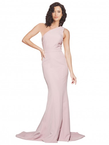 Cheap Long Sweep Train One Shoulder Crepe Prom Dress with Side Leg Split