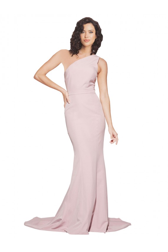 Cheap Long Sweep Train One Shoulder Crepe Prom Dress with Side Leg Split